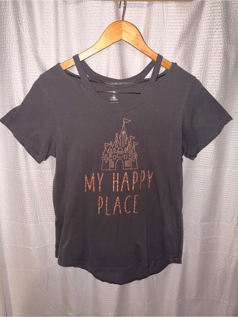Disney Parks "My Happy Place" Cold-Shoulder Castle Tee Gray Womens Size L